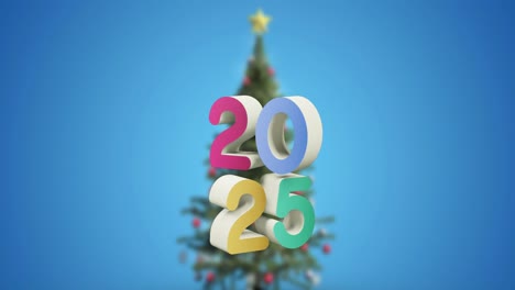 animation of 2025 text and christmas tree and decorations in background