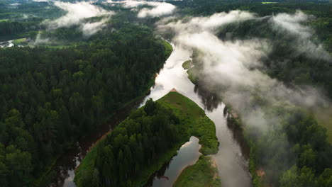 aerial view of a serene river in a foggy forest
