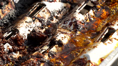 sizzling oil and burned meat stick on the griller