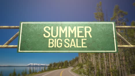 summer big sale on road sign with road and forest in daytime