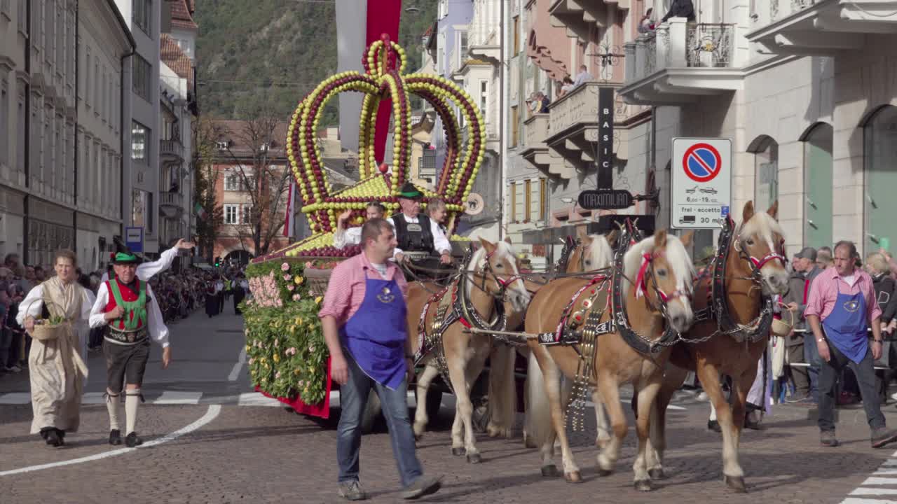 Marling Apple Crown Carriage during the grape festival parade in Meran - Merano, South Tyrol, Italy