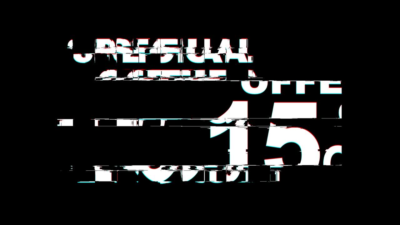 Special Offer 15% Percent off Glitch Effect Text Digital TV Distortion 4K Loop Animation