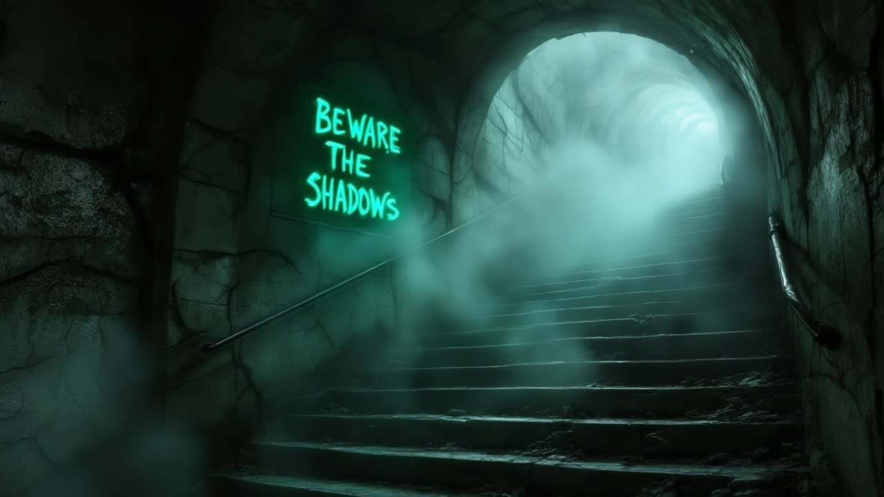 Mysterious staircase with eerie fog and glowing warning sign, creating a suspenseful atmosphere