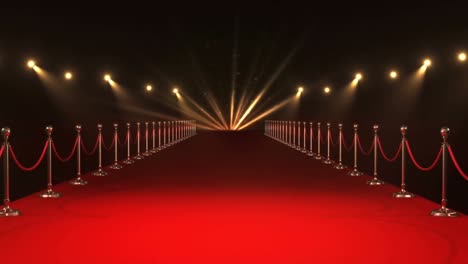 Animation-of-gold-red-kaleidoscopic-shapes-over-red-carpet-venue-with-moving-spotlights