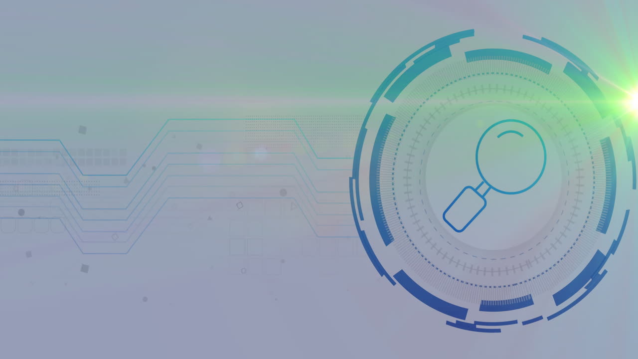 Magnifying glass icon featuring digital circuits, representing data search animation