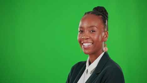 Face-nodding,-business-and-black-woman-on-green