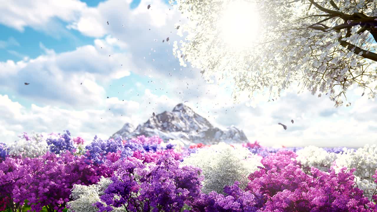 산과 꽃의 을 배경으로 사쿠라가 봄에 꽃을 피운다. 여행과 모험, 놀라운 봄 풍경, 아름다운 자연 루프 배경.