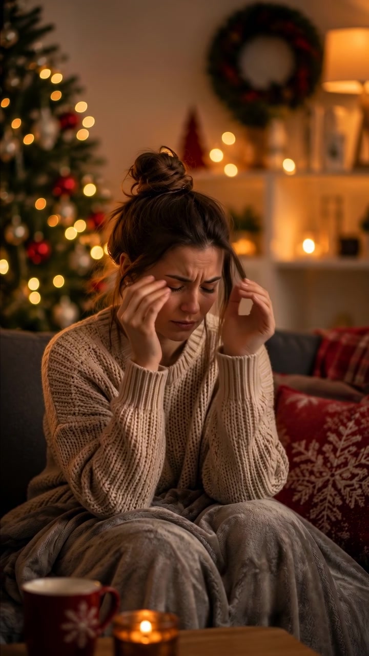 Una donna preoccupata con un maglione accogliente siede su un divano con le mani alle tempie in un caldo soggiorno. Luci natalizie soffuse, un albero di Natale decorato e un.
