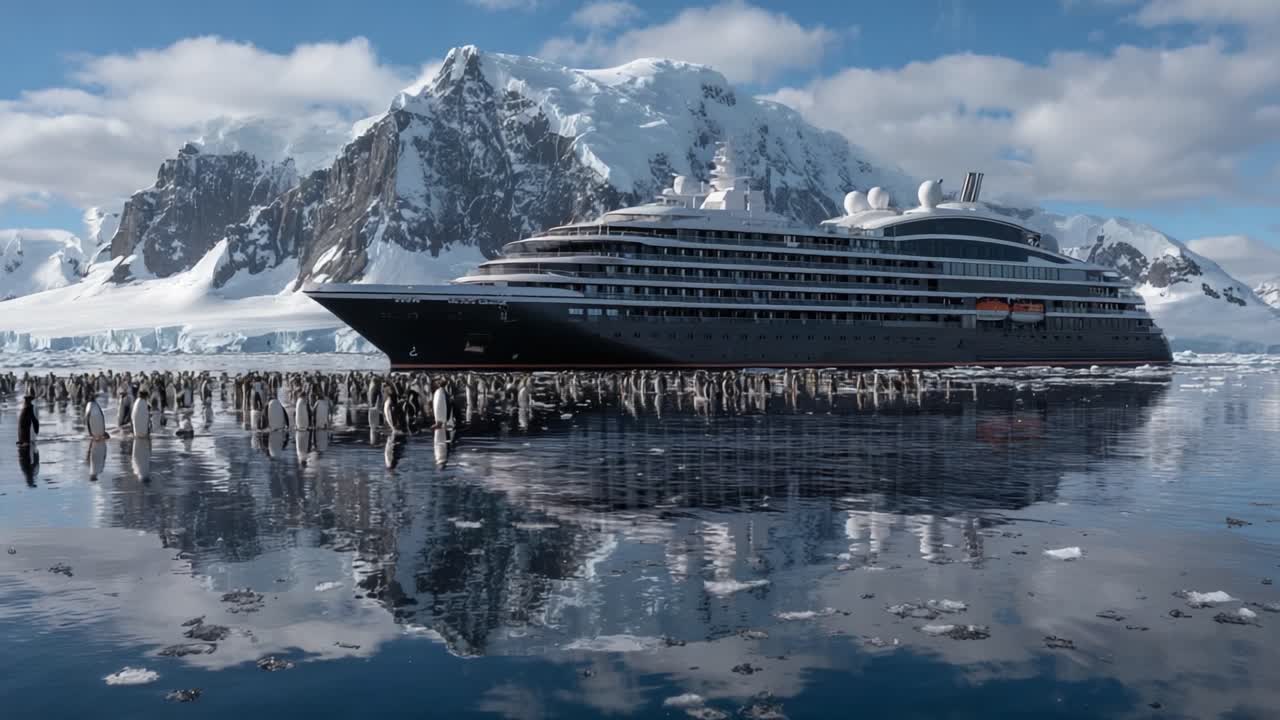 Maestosa nave da crociera ancorata in acque ghiacciate, circondata da pinguini e splendide montagne innevate, che cattura la bellezza del remoto paesaggio antartico.