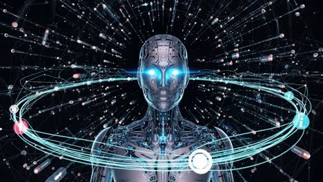 futuristic cybernetic being surrounded by dynamic data streams and digital particles, representing advanced artificial intelligence and information processing