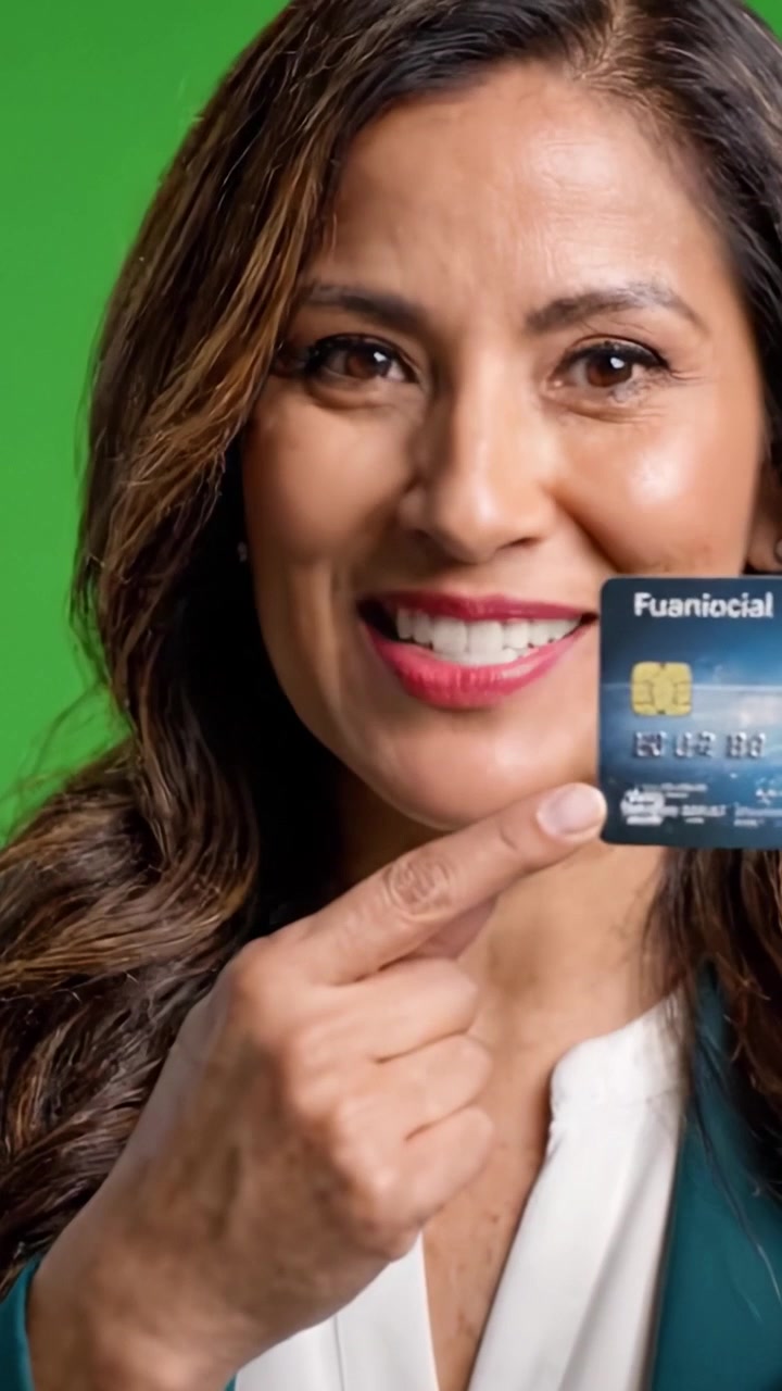 Mujer cautivadora demuestra entusiasmo y satisfacción con una tarjeta de crédito, fomentando interacciones positivas con herramientas financieras y oportunidades para todas las audiencias