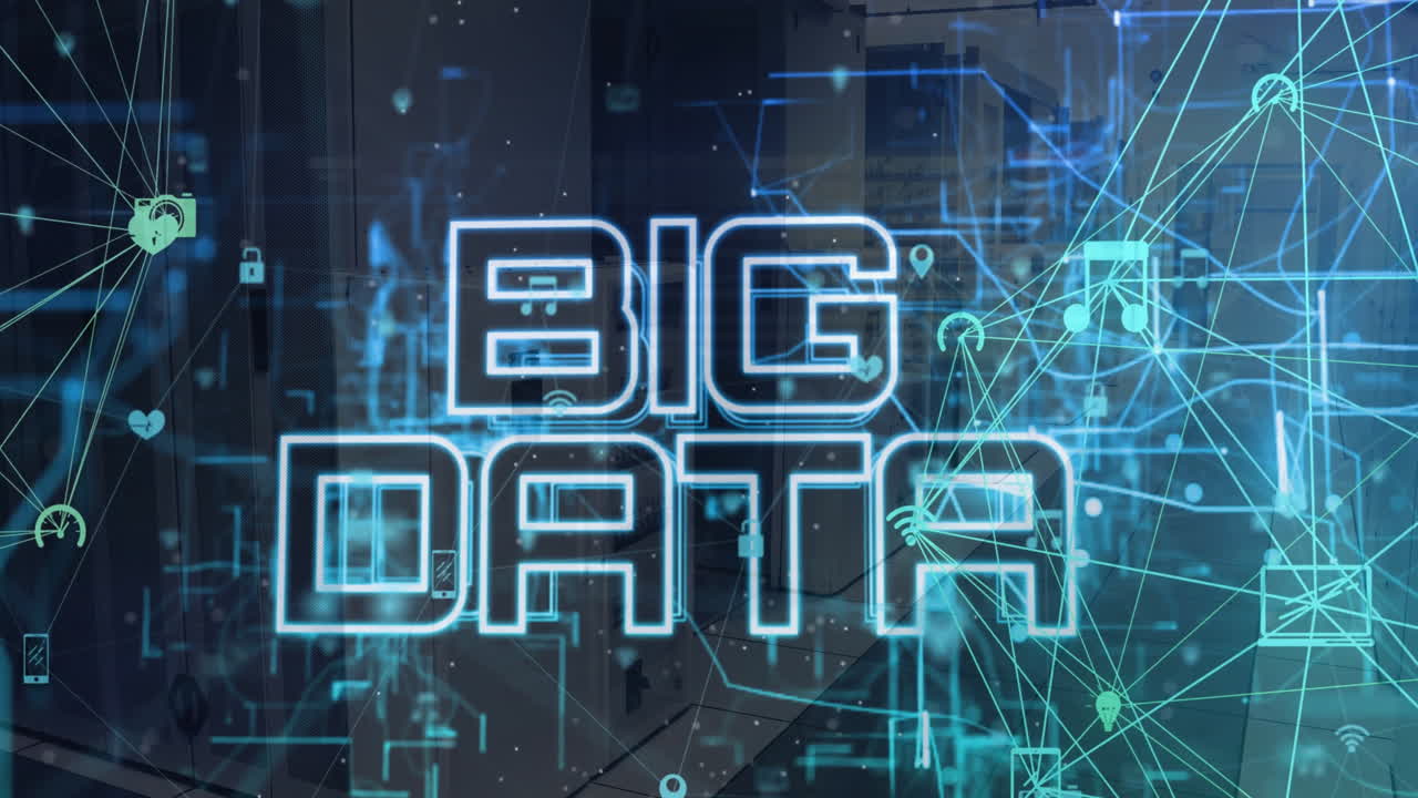 animación de la red de conexiones con iconos y texto de big data sobre la sala del servidor