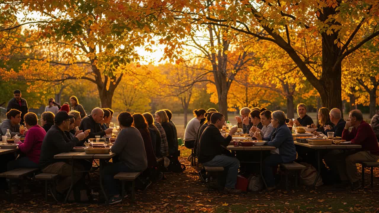 Outdoor Autumn Gathering with People Dining at Sunset