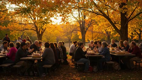 Outdoor Autumn Gathering with People Dining at Sunset