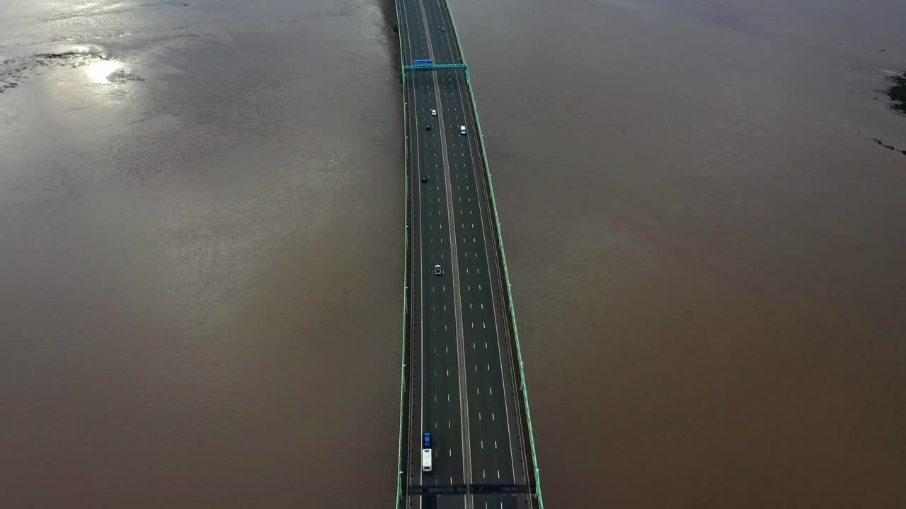 Birds eye view looking down on the Second Severn Crossing bridge over the River Severn