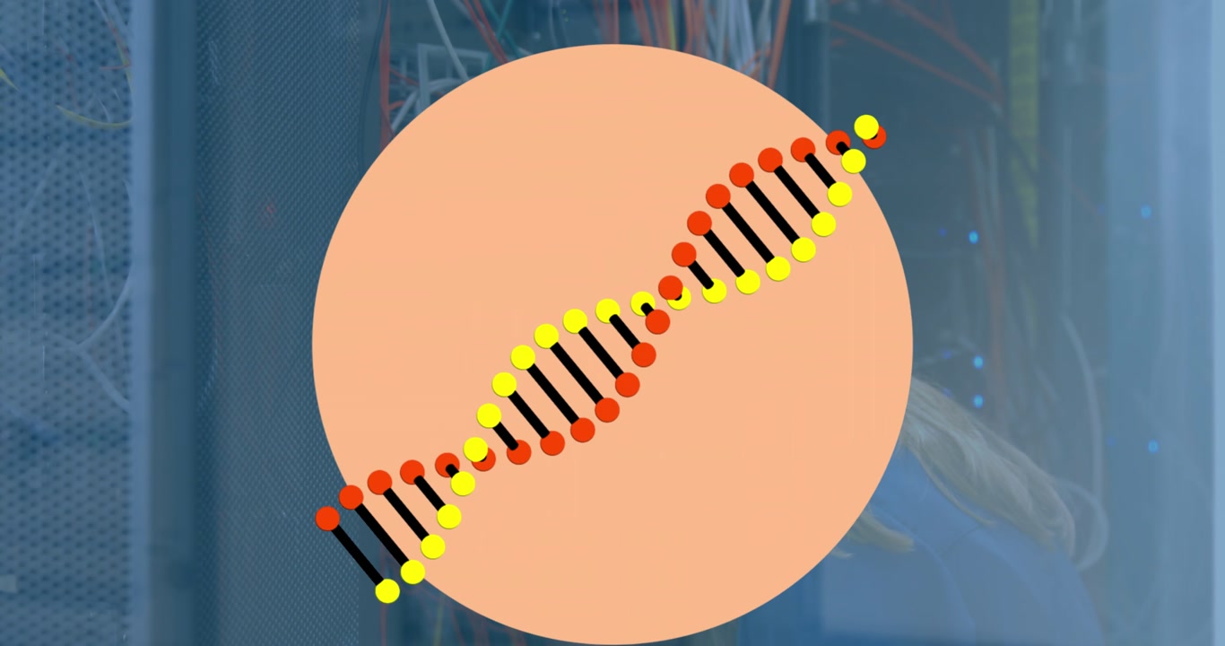 Animation of dna strand over caucasian female worker inspecting server room