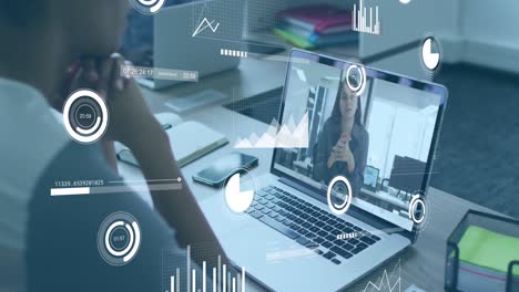 animación de gráficos, barra de carga y círculos, diversas compañeras de trabajo compartiendo ideas en videoconferencia