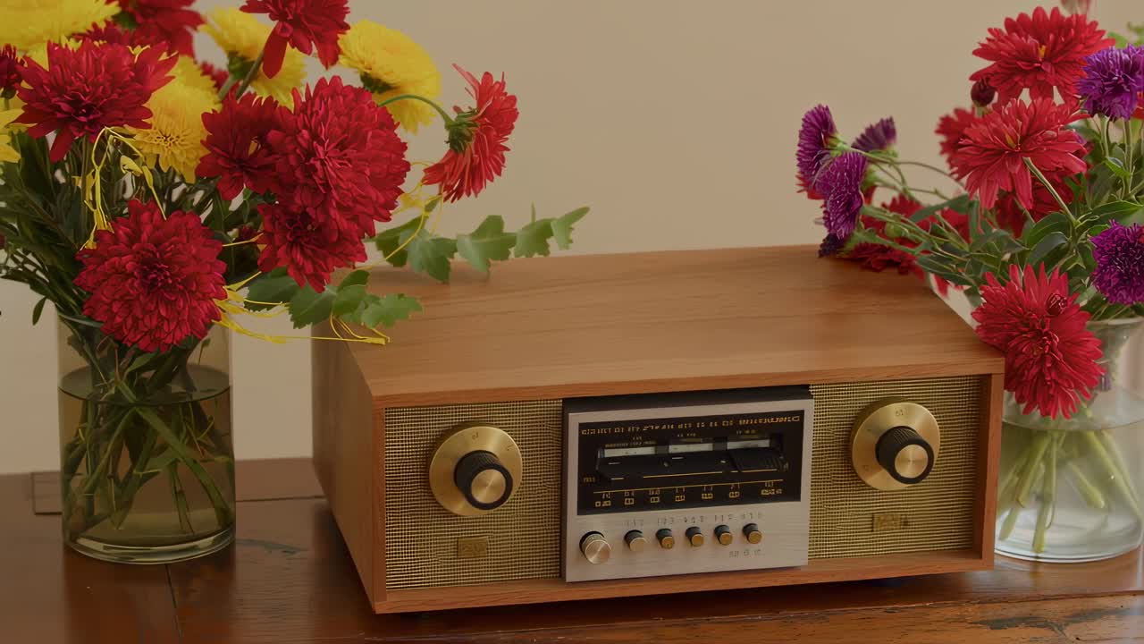 Nostalgic interior scene featuring colorful flower bouquets alongside vintage radio receiver, resting on rustic wooden table, evoking warm memories of classic home decor and timeless aesthetic