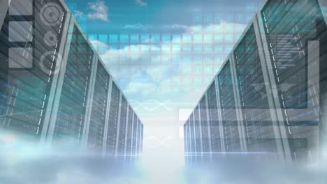 animación de manchas, procesamiento de datos y sala de servidores sobre nubes