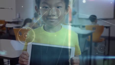 Animation-of-networks-of-connections-over-asian-schoolboy-using-tablet