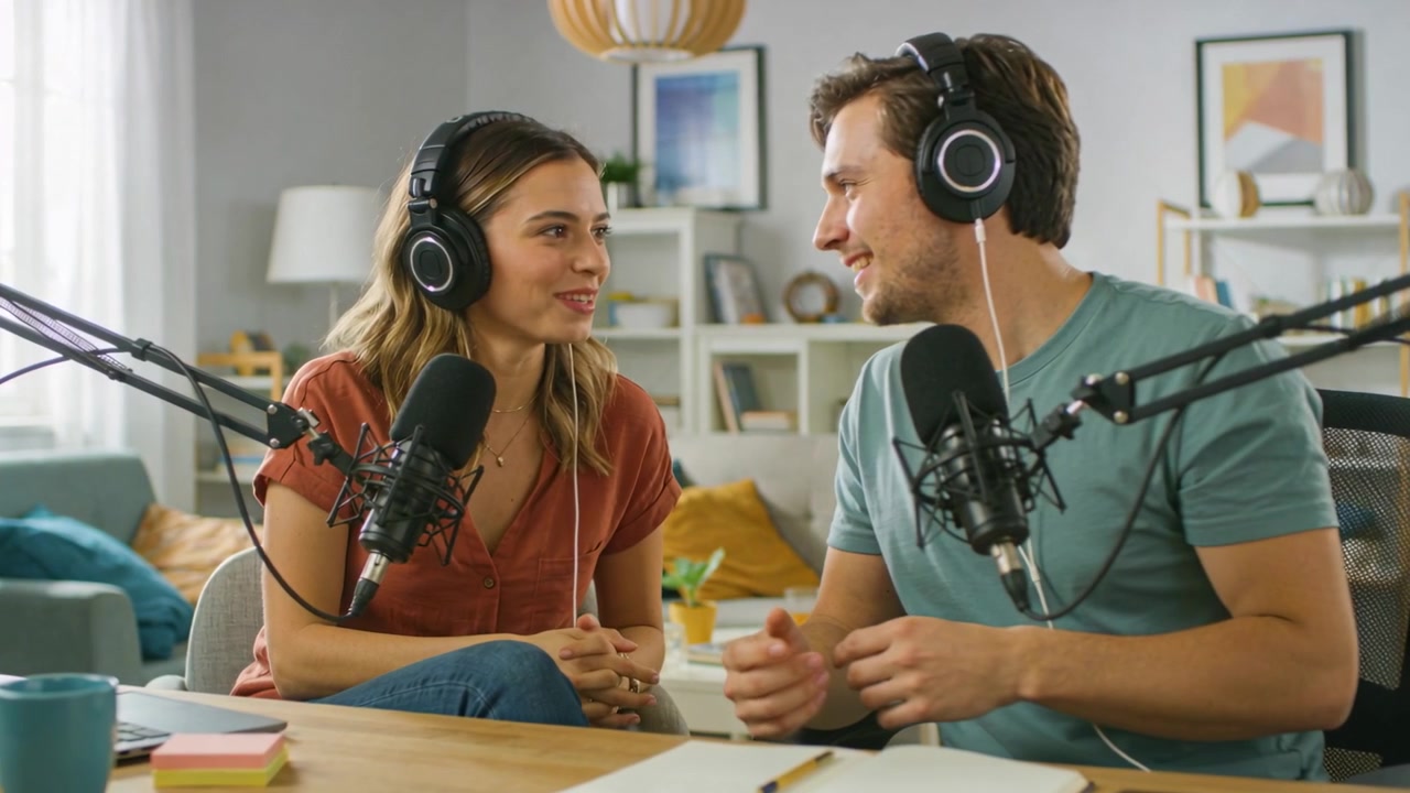 Ajustando auriculares, coanfitriones con camisetas color óxido y verde azulado intercambiando señales de podcast en los micrófonos del estudio casero.