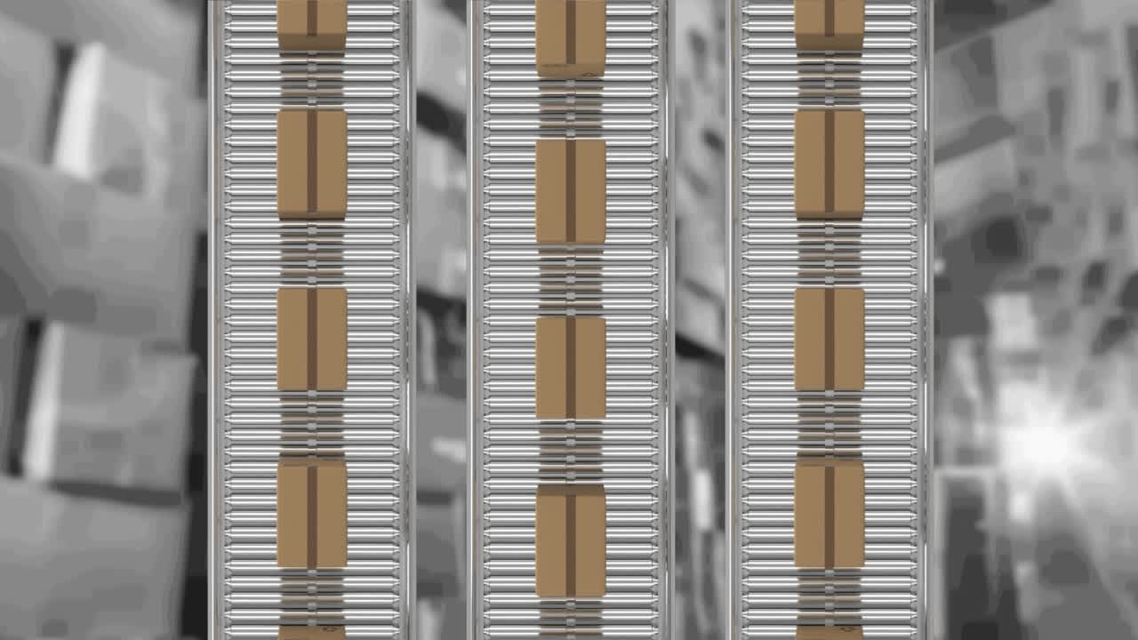 창고 위에서 컨베이어 벨트에 움직이는 카드보드 상자의 애니메이션