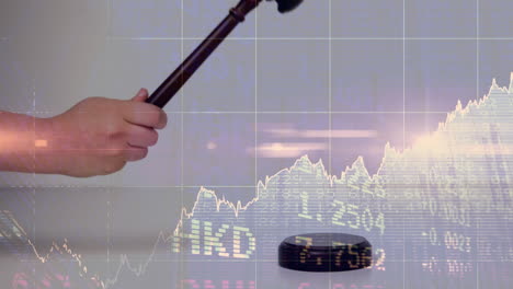 animation of statistics and financial data processing over auctioneer's hammer