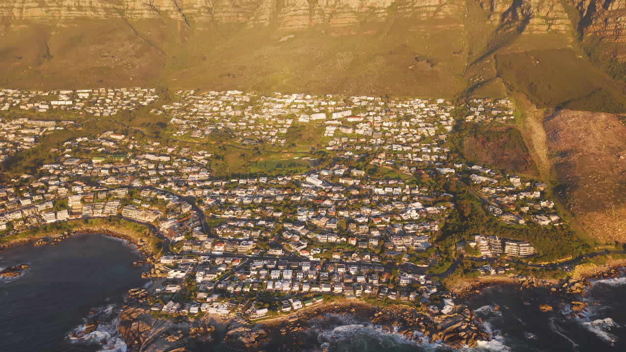 Residential Area Of Camps Bay In Cape Town, South Africa At The Foot Of Table Mountain. Aerial Drone Shot
