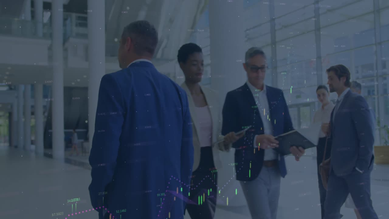 Animation of financial statistics processing over business people