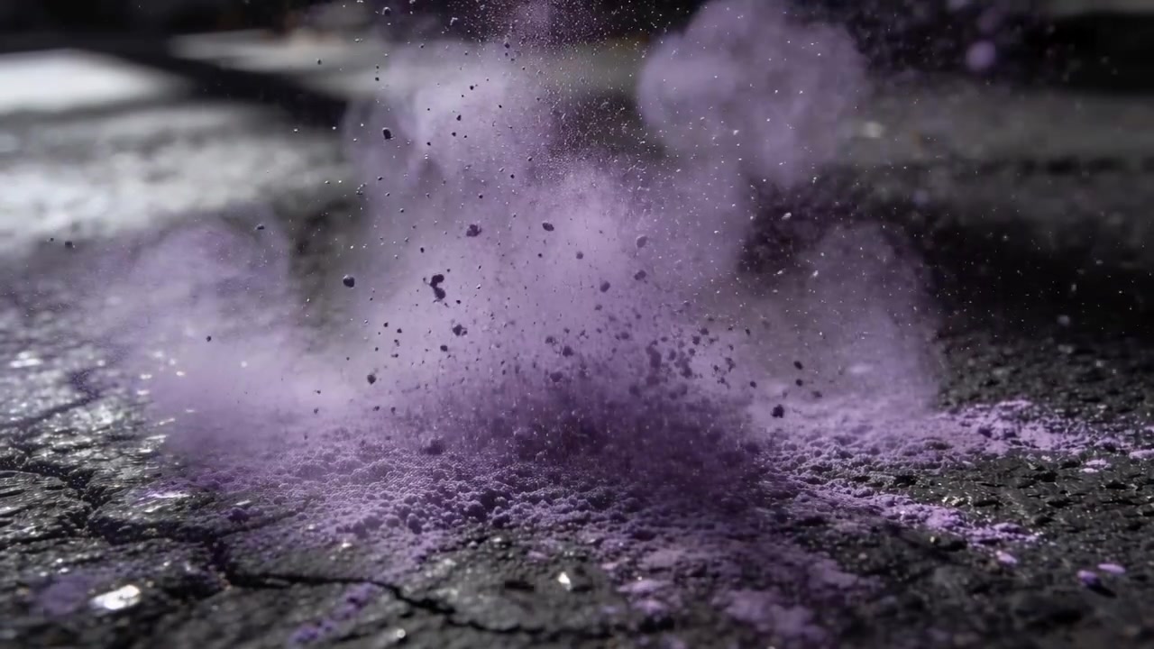Pennacchio di polvere viola che esplode e si alza dall'asfalto crepato dopo l'impatto di un ciottolo scuro, depositandosi.