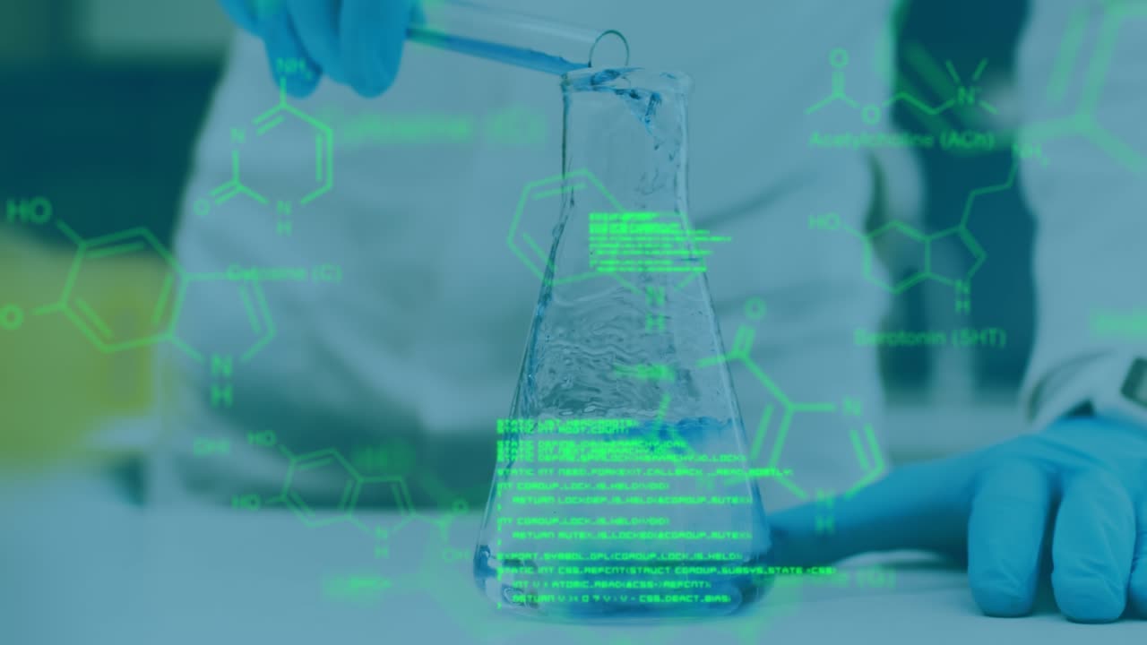 Animation of data processing over scientist pouring liquid into beaker