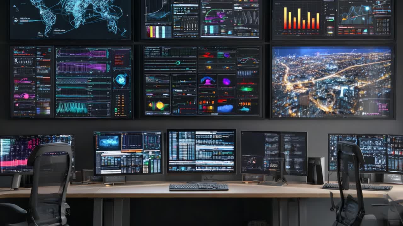 Una moderna sala di controllo con più display ad alta tecnologia che mostrano analisi dei dati, mappe globali e visualizzazioni di paesaggi urbani notturni per un processo decisionale migliorato.