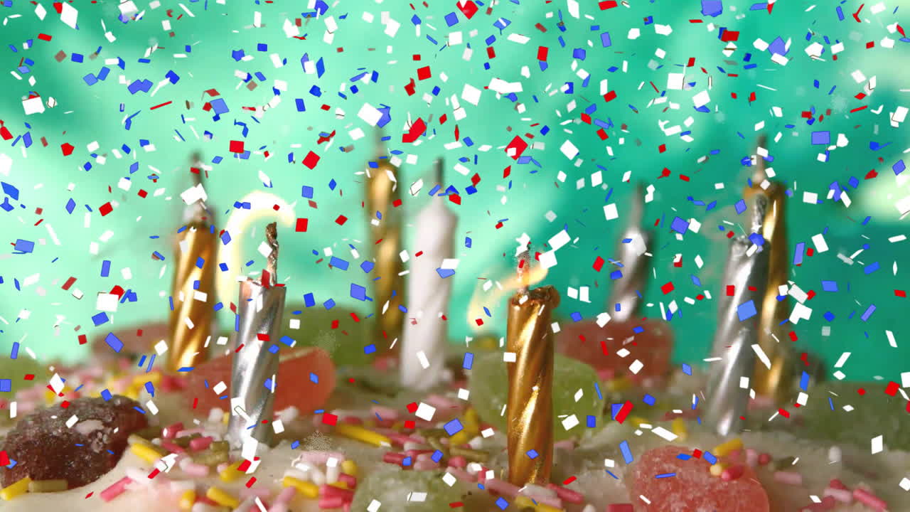 Colorful confetti animation over birthday candles on cake