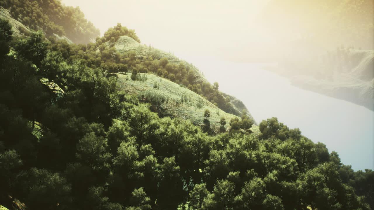 Lush green hills embrace the serene river at dawn with soft golden light