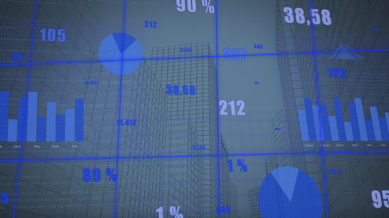 animación de múltiples gráficos con números cambiantes sobre edificios modernos contra el cielo