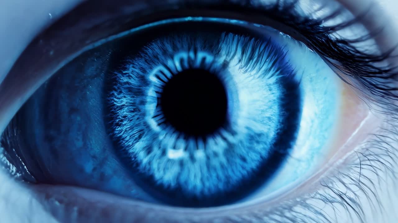 Close-up of a blue eye with a digital pattern, resembling a futuristic video theme