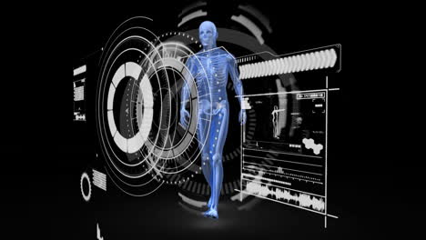 animation of medical data processing and scopes scanning with human model on black background