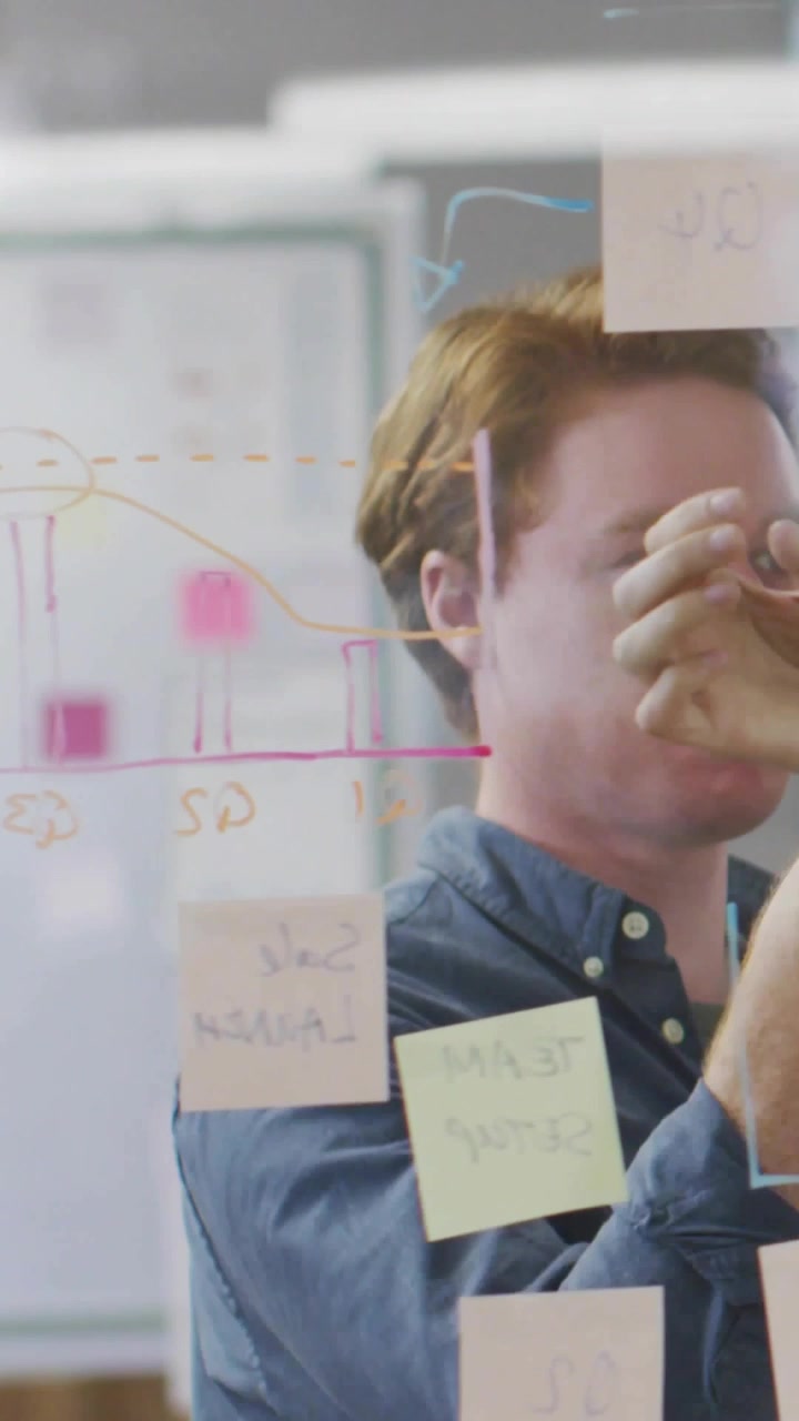Vertical video: Man scanning glass board, tapping sticky note and adding HUD for business plan