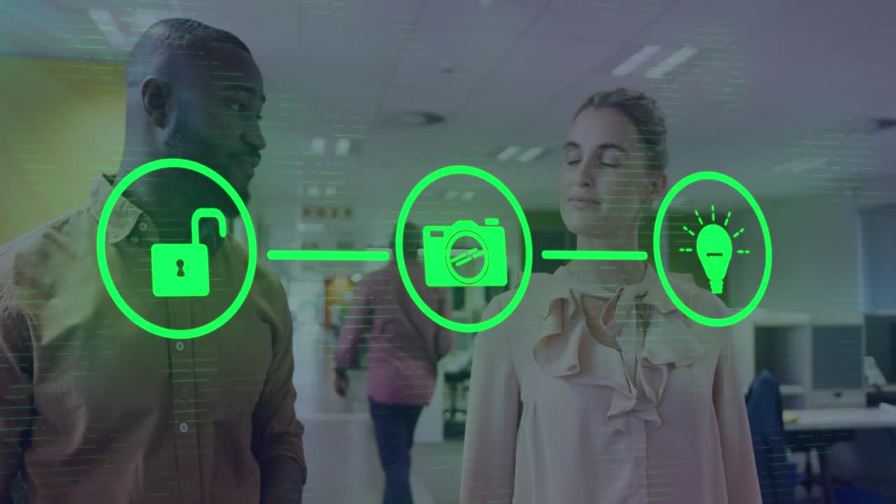 Animation of flowchart of icons over diverse coworkers discussing while walking in office