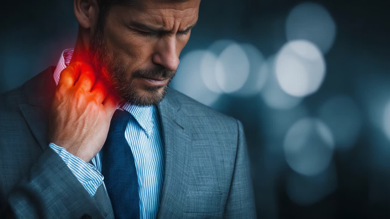 A professional man in a suit experiencing discomfort, gently rubbing his neck while standing in front of a blurred background, illustrating stress or tension in a corporate environment