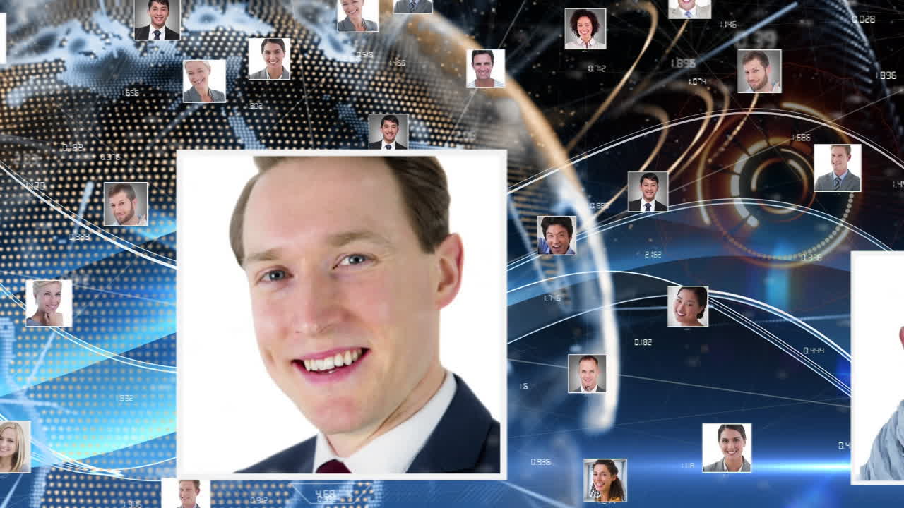 검은 바탕에 회전하는 지구와 빛의 흔적 위에 프로필 아이콘의 네트워크