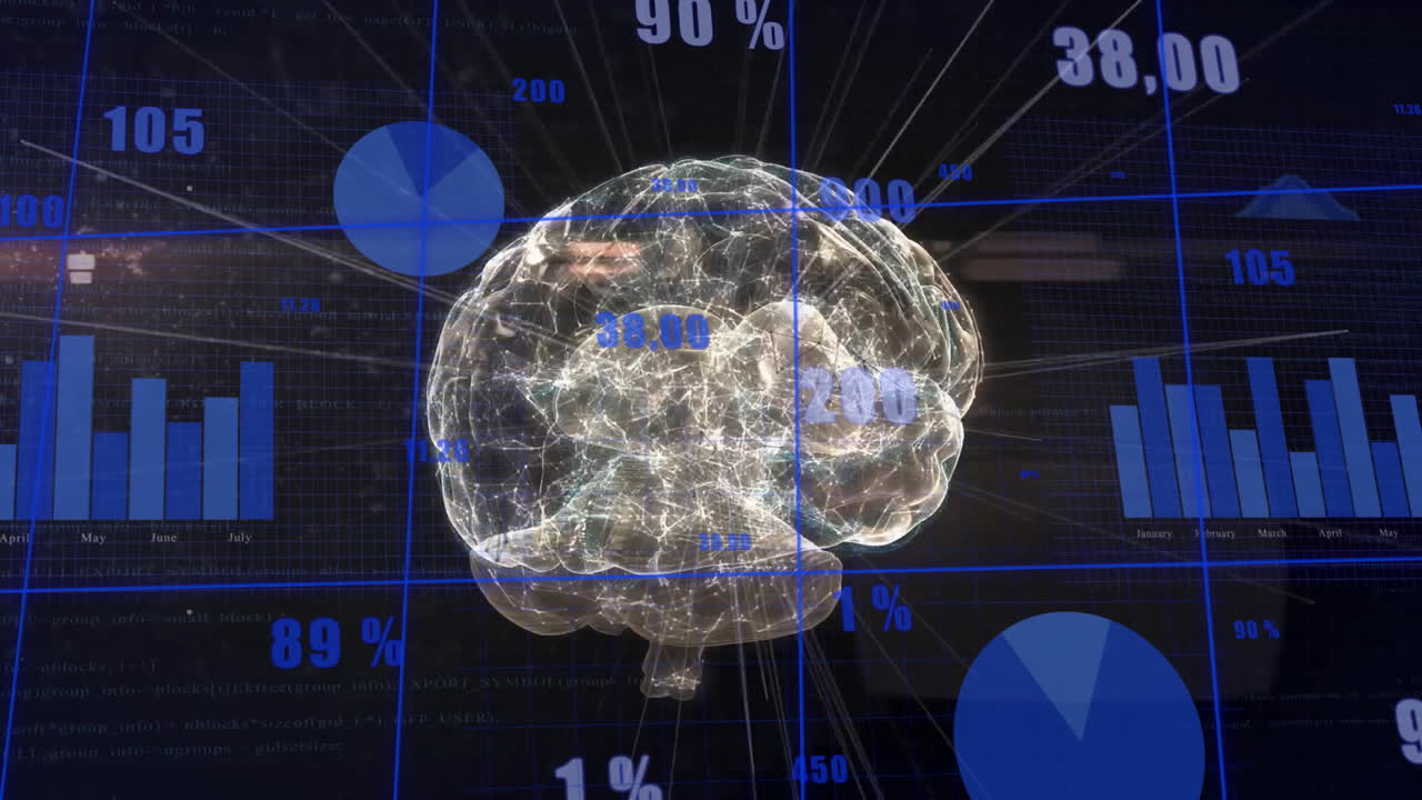 검은 바탕에 데이터 처리 및 디지털 뇌의 애니메이션