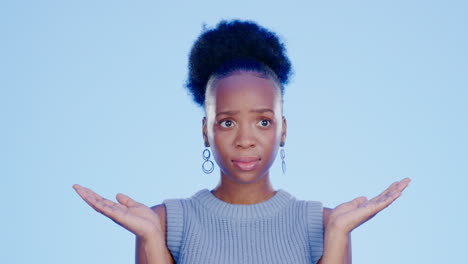 black woman, confused and hands out isolated