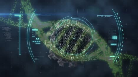 animation of a macro coronavirus covid-19 cell analyzed over dna