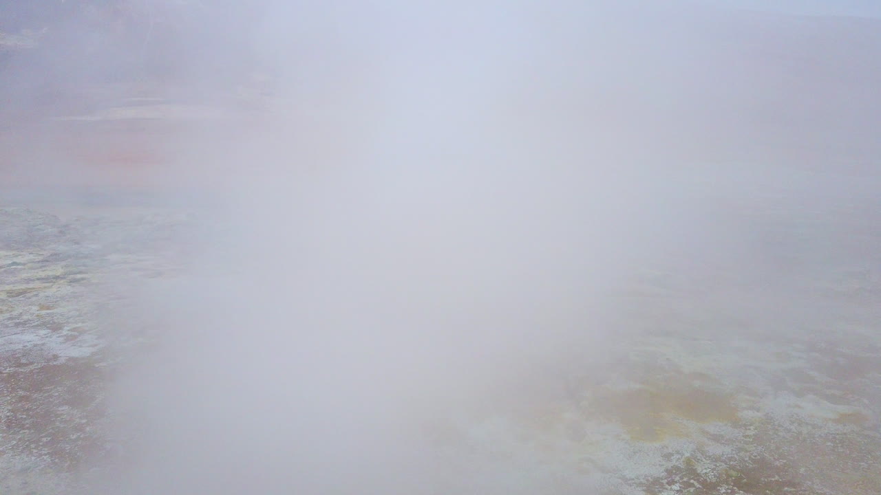 아이슬란드 지열 지대 namafjall은 관광객 하이킹과 함께 외계의 풍경과 증기 통풍구를 통과합니다 - 백그라운드에서 탐험, 4k prorezhq, 화성 또는 금성처럼 보입니다.