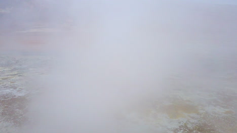 icelandic geothermal field namafjall walk through alien landscape and steam vent fumaroles with tourists hiking - exploring in background, 4k prorezhq, looks like mars or venus