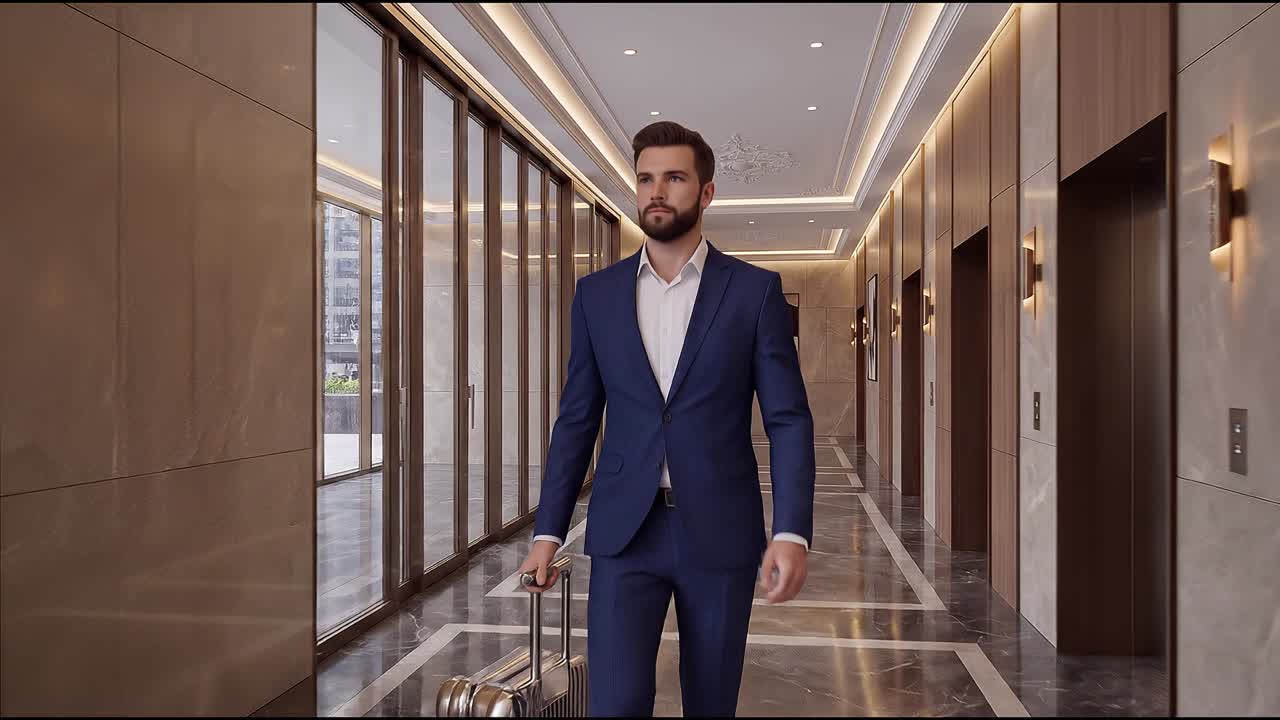 Viaggiatore d'affari che cammina attraverso un moderno corridoio d'ufficio tirando una valigia durante un viaggio professionale