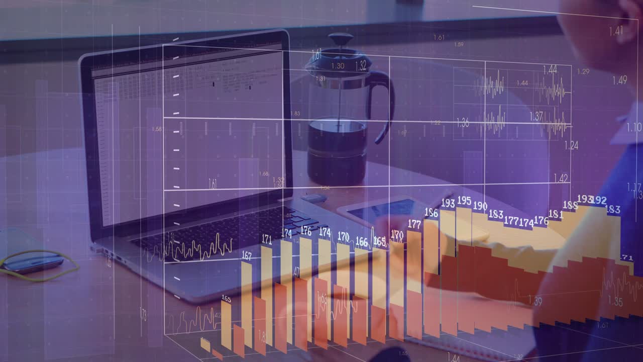 Vertical video: 3D grid arising woman in blue top sipping mug noting laptop with press, copy space