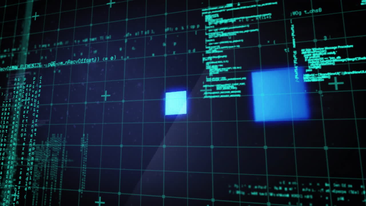 animacja niebieskich kwadratów i przetwarzanie danych na czarnym tle