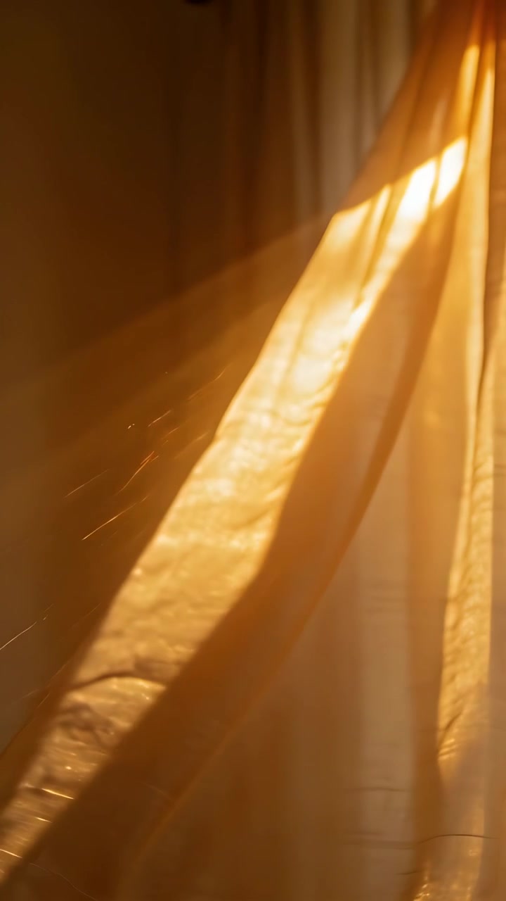 Vídeo vertical: Cortina transparente balançando e flutuando pela janela do quarto com a brisa, mostrando poeira.